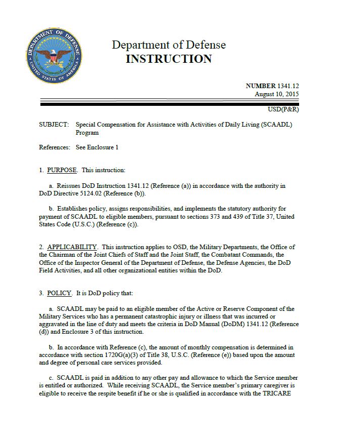 Image of the Department of Defense Instruction containing information on the Special Compensation for Assistance with Activities of Daily Living (SCAADL) Program Image of the Department of Defense Instruction containing information on the Special Compensation for Assistance with Activities of Daily Living (SCAADL) Program